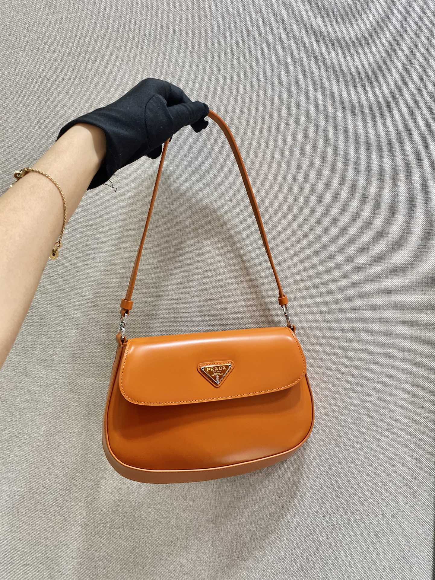 Prada Cleo Brushed Leather Shoulder Bag With Flap Orange 1BD311